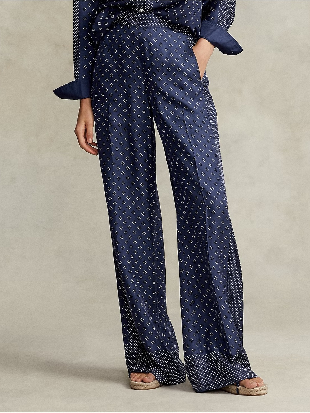 Polo Ralph Lauren Mulberry Silk Scarf Print Wide Leg Pant Navy White Size 10